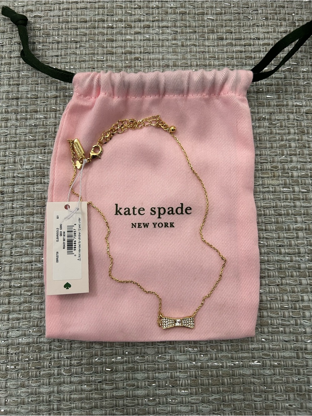 Kate Spade New York Ready Set Bow Pavé Mini Pendant Necklace Gold & Clear, NWT